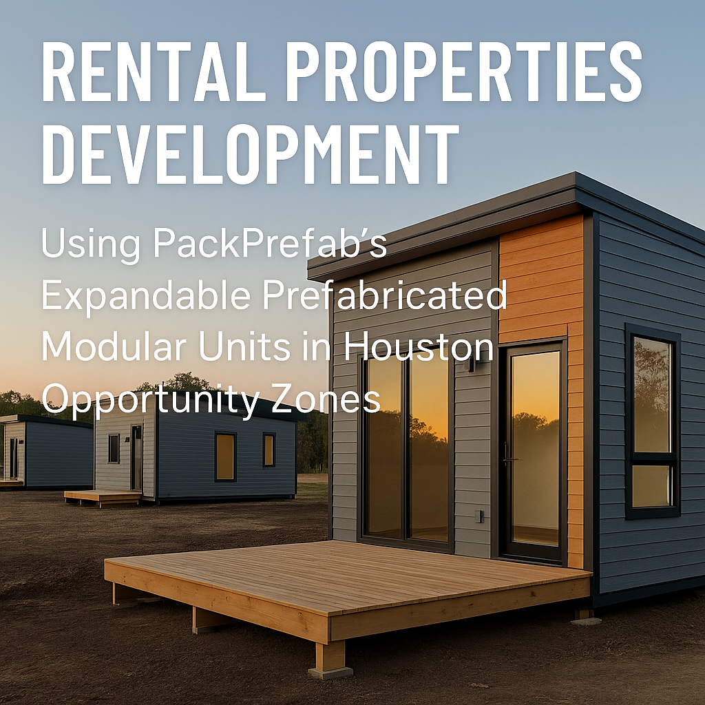 PackPrefab expandable modular homes used as rental units in a Houston Opportunity Zone development.